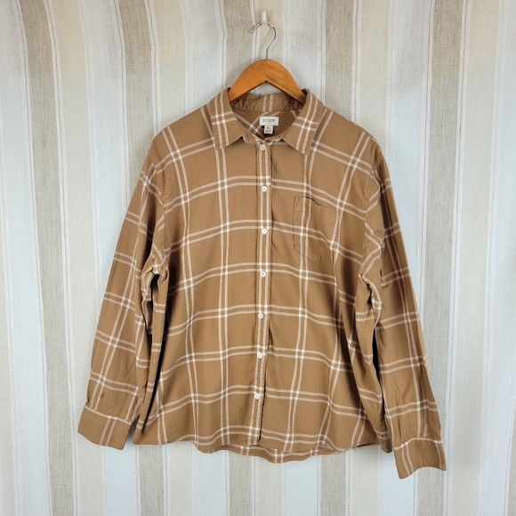 J. Crew 100% Cotton Plaid Button Down Shirt Tan‎ Brown Size Extra Large - Picture 1 of 8